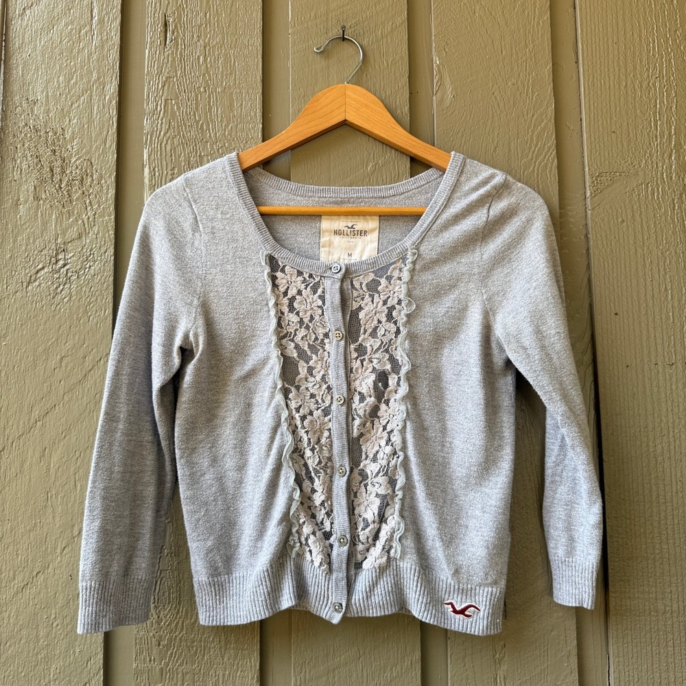Vintage Hollister Cardigan Sweater Medium Grey Lace Front Ruffle Cotton Blend M